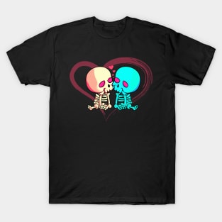 Two romantic skeletons kiss with pink heart in background T-Shirt